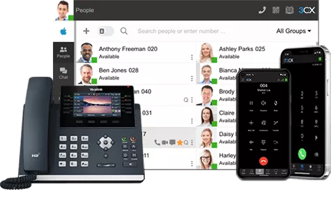 3CX phone system on desk phone, desktop, and mobile