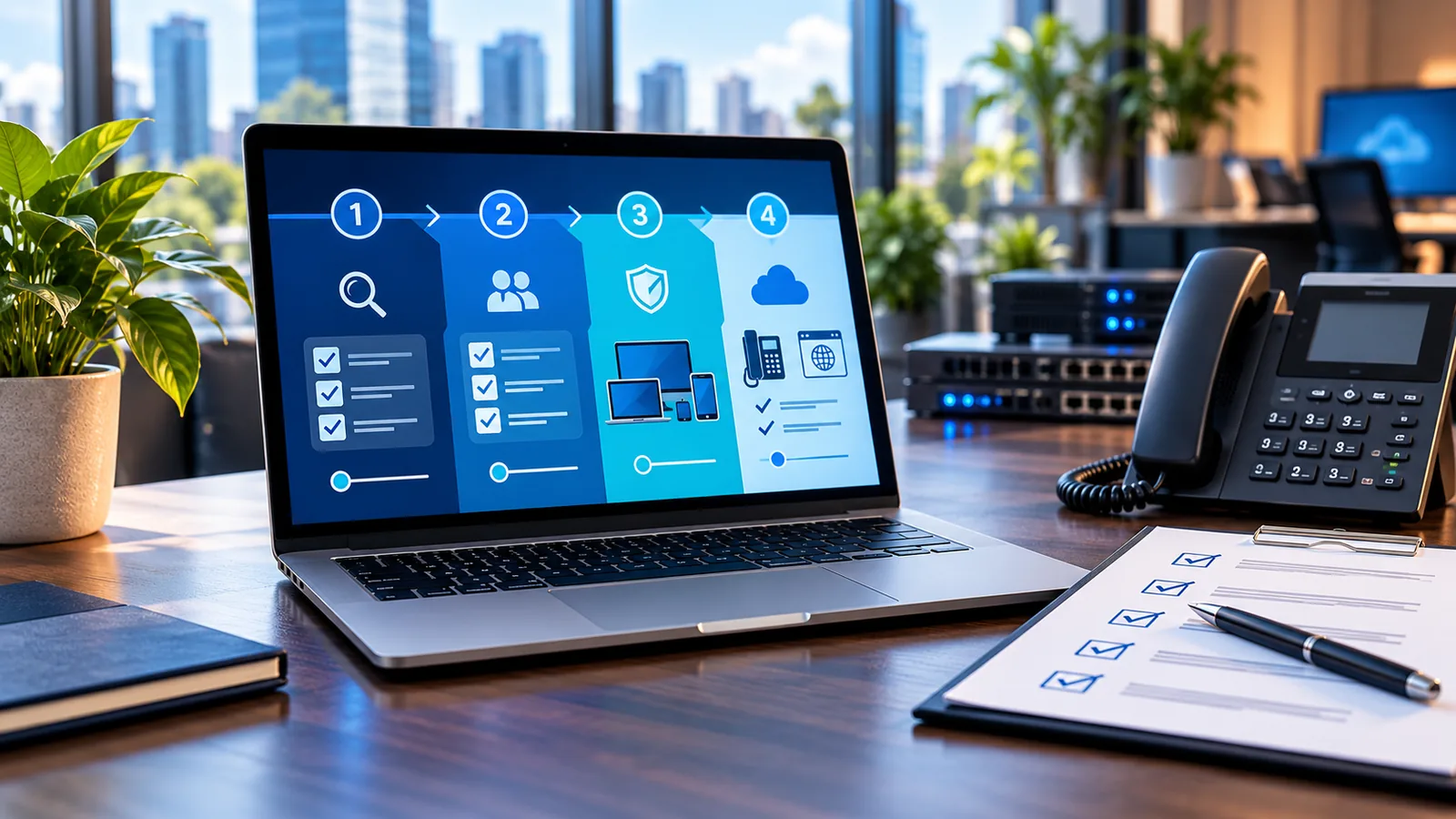 Laptop showing a four-step managed IT onboarding plan next to a desk phone and a checklist