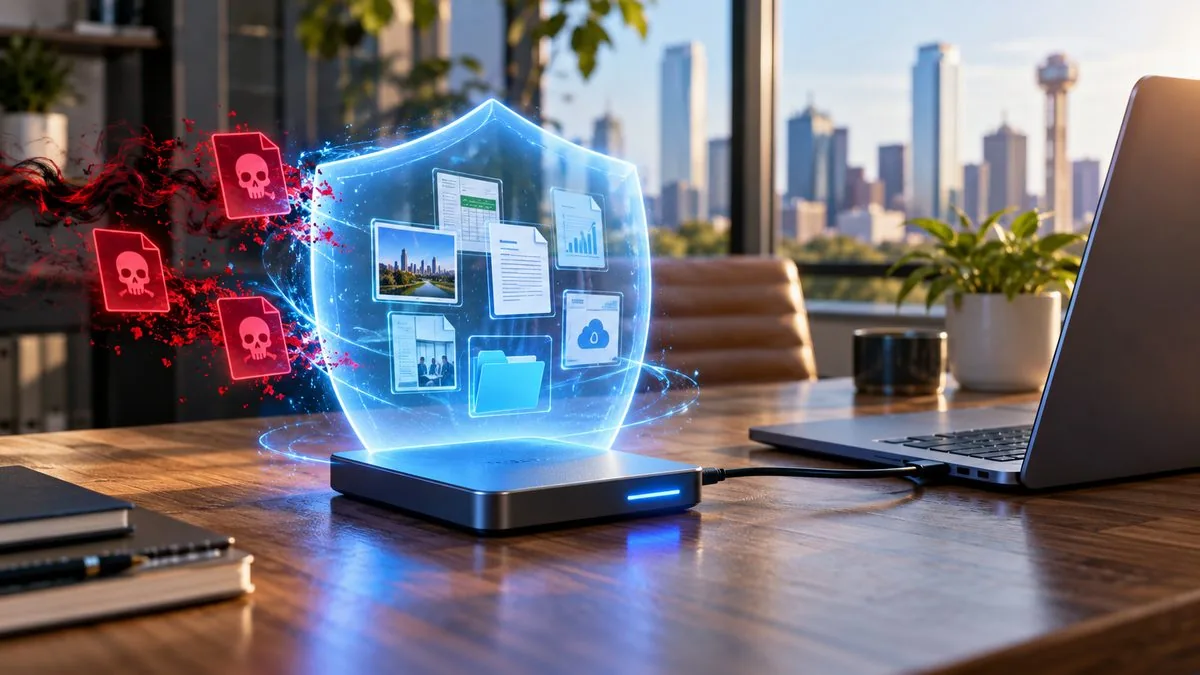 Backup files protected by a blue shield from ransomware threats